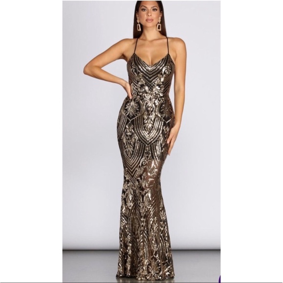 Windsor Dresses & Skirts - Windsor Black Gold Sequin Formal Gown Party Wedding Cocktail Large Stretchy